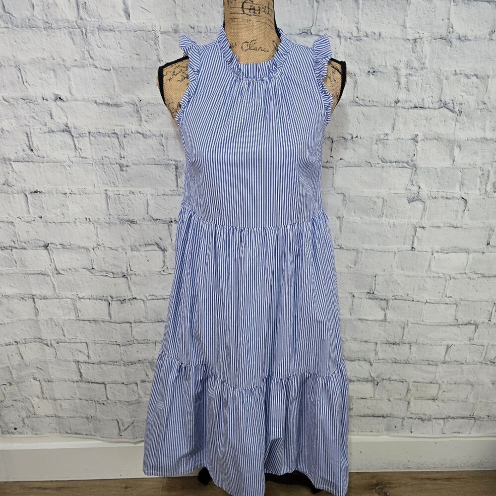 J Crew knee length dress Sz 0 sleeveless striped blue cotton summer A19